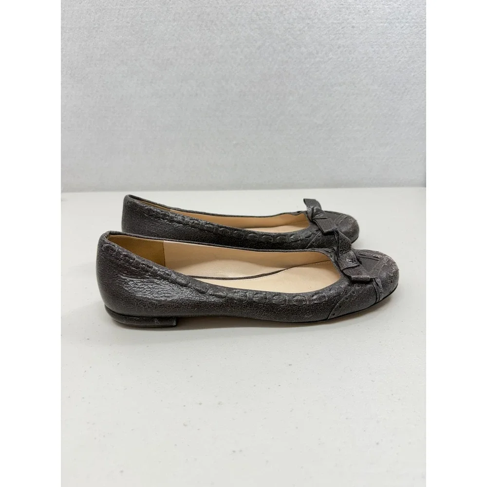 Prada Brown Distressed Cracked Leather Bow Brogue Ballet Flats Italy 39 9
